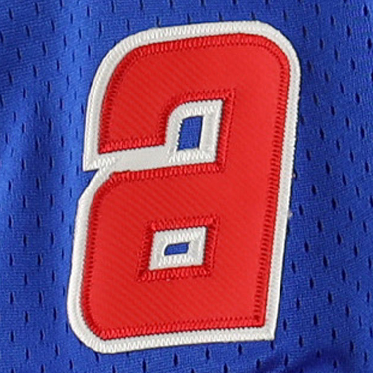 Close-up of a red number 8 with white outline on a blue EFF Sankei Atoms EFF DNA Replica V-Neck Mesh Jersey, featuring mesh fabric inspired by Japanese Central League uniforms.