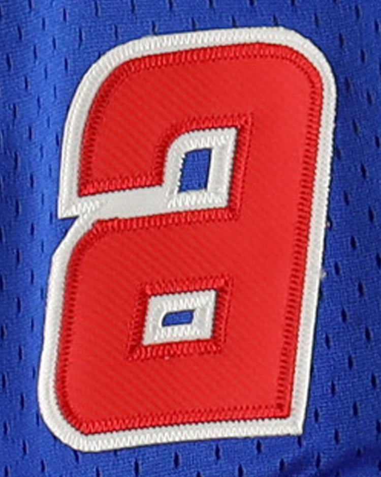 Close-up of a red number 8 with white outline on a blue EFF Sankei Atoms EFF DNA Replica V-Neck Mesh Jersey, featuring mesh fabric inspired by Japanese Central League uniforms.