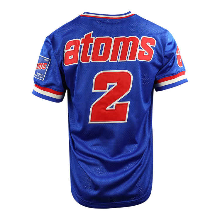 The Sankei Atoms EFF DNA Replica V-Neck Mesh Jersey by EFF is a blue jersey with red and white trim, large red atoms lettering above a bold number 2 on the back, and sleeve patches inspired by Japanese Central League style.