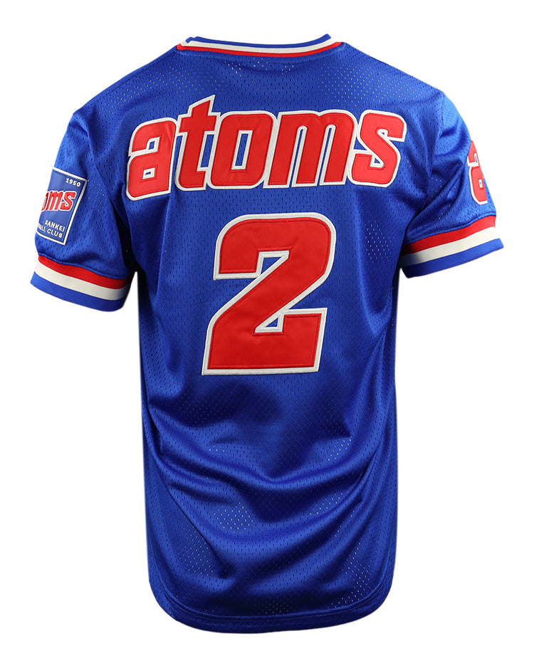 The Sankei Atoms EFF DNA Replica V-Neck Mesh Jersey by EFF is a blue jersey with red and white trim, large red atoms lettering above a bold number 2 on the back, and sleeve patches inspired by Japanese Central League style.