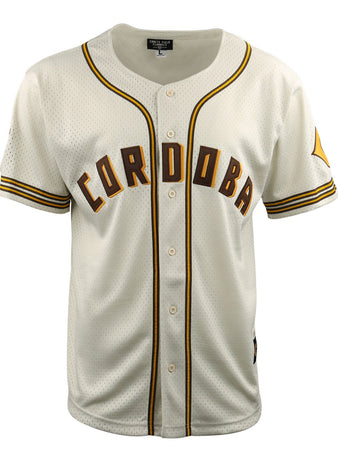 The EFF Cordoba Cafeteros DNA Replica Button-Up Mesh Jersey features white mesh, bold brown and gold “CORDOBA” lettering, striped trim on the sleeves and collar, and a yellow star patch honoring Cafeteros and Mexican baseball history.