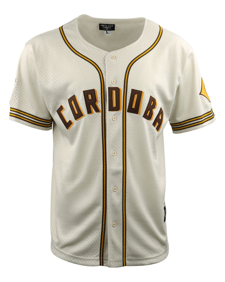 The EFF Cordoba Cafeteros DNA Replica Button-Up Mesh Jersey features white mesh, bold brown and gold “CORDOBA” lettering, striped trim on the sleeves and collar, and a yellow star patch honoring Cafeteros and Mexican baseball history.