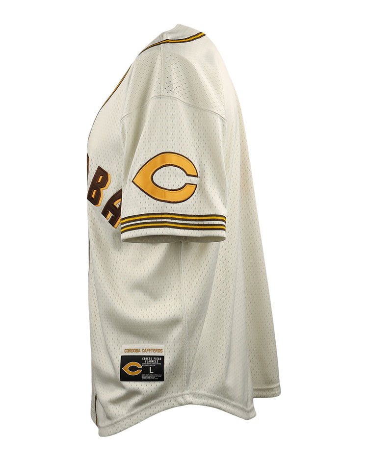 The EFF Cordoba Cafeteros DNA Replica Button-Up Mesh Jersey features yellow and brown trim, a C on the sleeve, and a Cooperstown Collection patch, honoring Cafeteros and Mexican pro baseball history. Displayed side view on a mannequin.