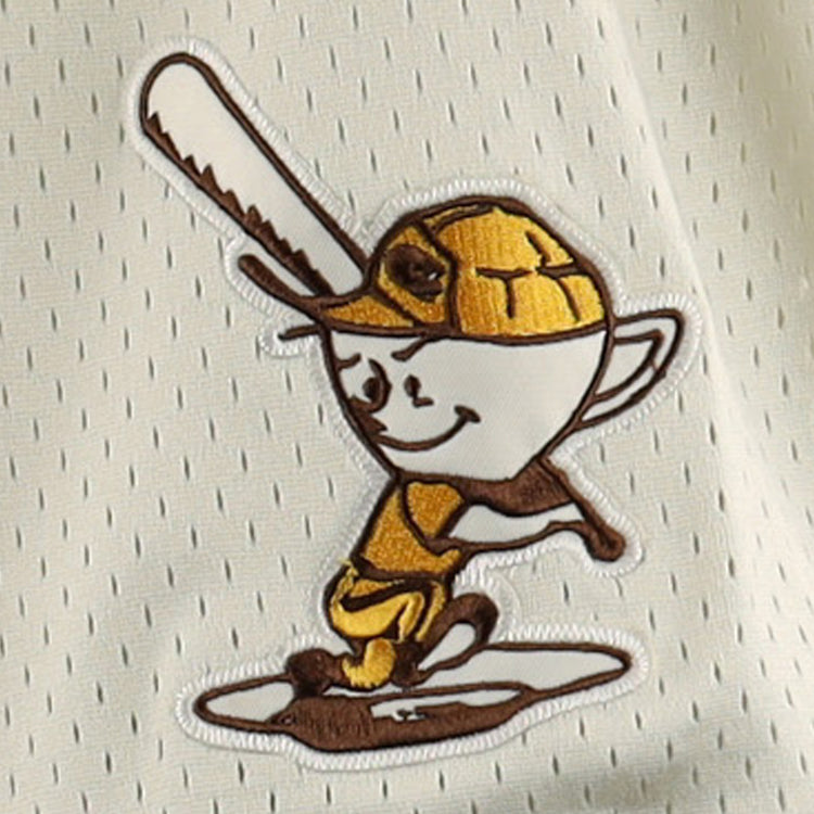 The Cordoba Cafeteros EFF DNA Replica Button-Up Mesh Jersey by EFF features a smiling cartoon Cafeteros player in yellow, swinging a bat. The embroidered design pays tribute to Mexican pro baseball on light, perforated mesh fabric.