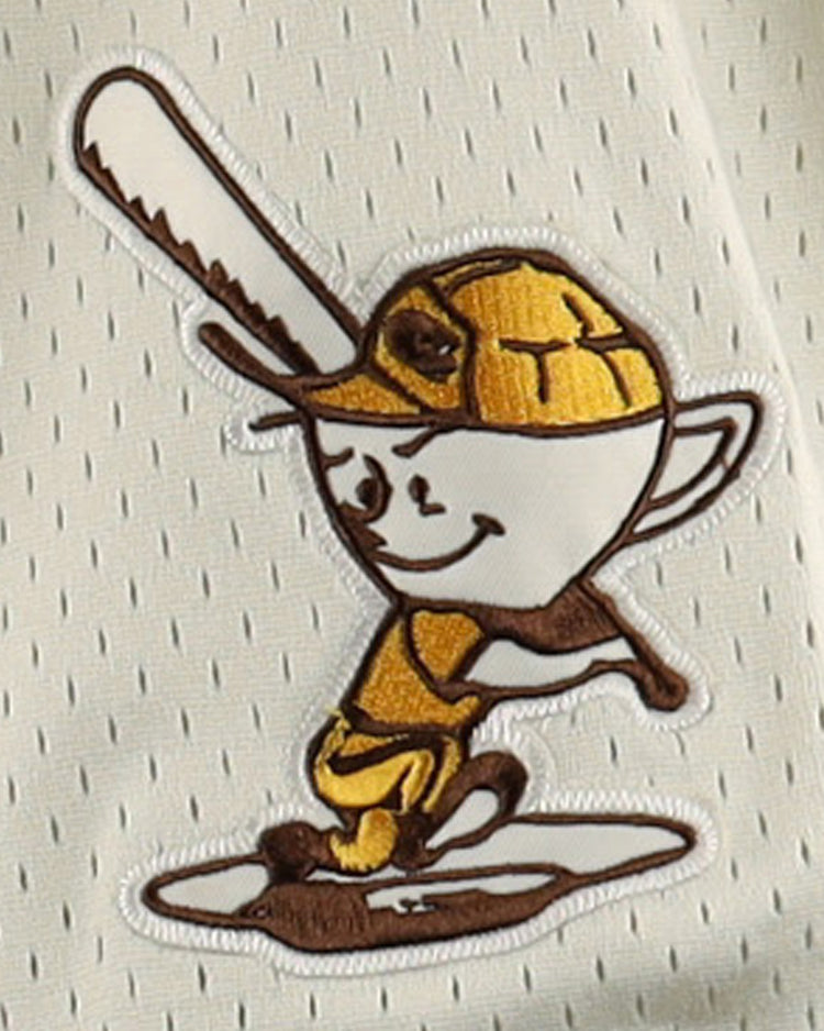 The Cordoba Cafeteros EFF DNA Replica Button-Up Mesh Jersey by EFF features a smiling cartoon Cafeteros player in yellow, swinging a bat. The embroidered design pays tribute to Mexican pro baseball on light, perforated mesh fabric.