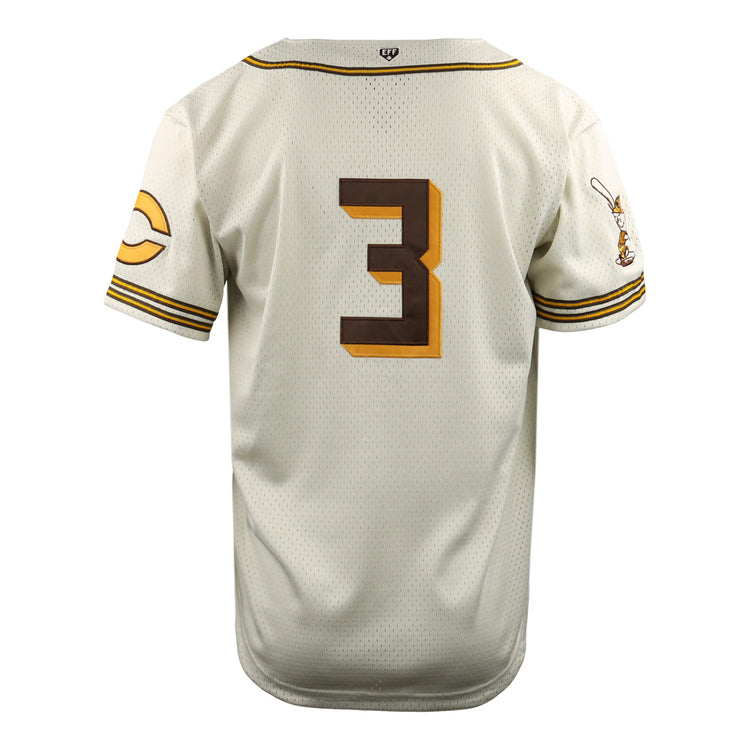 The Cordoba Cafeteros EFF DNA Replica Button-Up Mesh Jersey by EFF features a cream base with brown and yellow trim, large back number 3, yellow C on the left sleeve, and a rabbit with bat on the right—ideal for Mexican pro baseball fans.