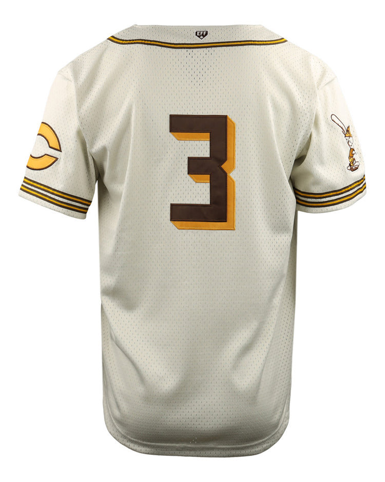 The Cordoba Cafeteros EFF DNA Replica Button-Up Mesh Jersey by EFF features a cream base with brown and yellow trim, large back number 3, yellow C on the left sleeve, and a rabbit with bat on the right—ideal for Mexican pro baseball fans.
