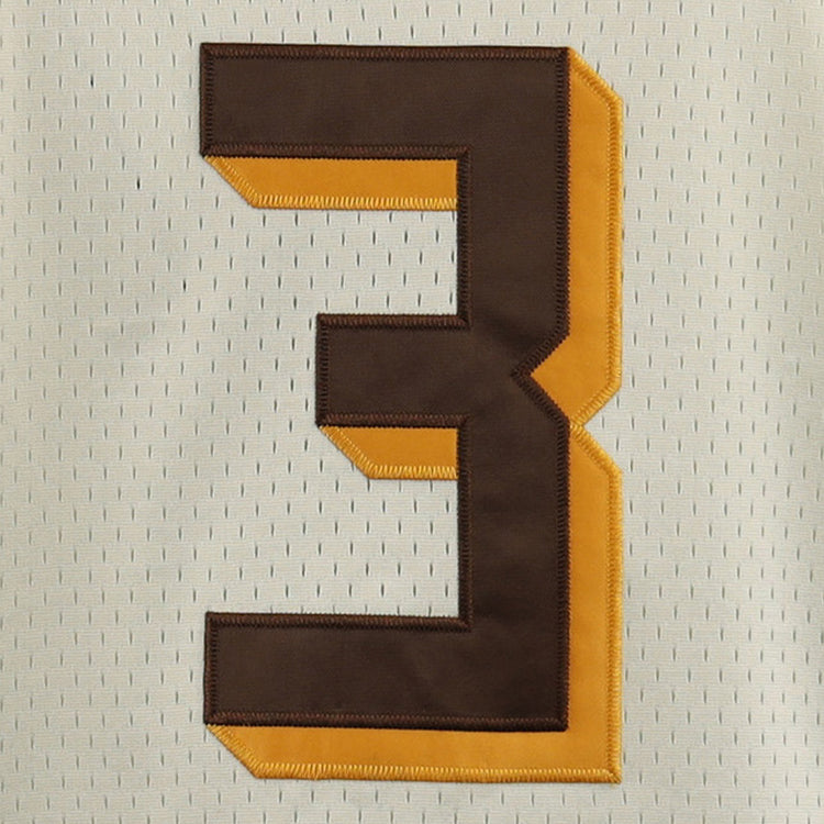A large brown number 3 with a gold outline is stitched onto white mesh fabric on the Cordoba Cafeteros EFF DNA Replica Button-Up Mesh Jersey by EFF, honoring Mexico’s rich baseball history and teams like the Cafeteros.