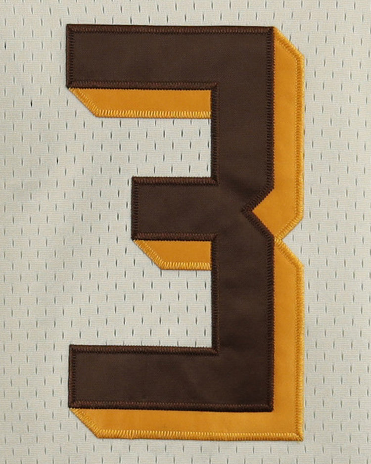 A large brown number 3 with a gold outline is stitched onto white mesh fabric on the Cordoba Cafeteros EFF DNA Replica Button-Up Mesh Jersey by EFF, honoring Mexico’s rich baseball history and teams like the Cafeteros.