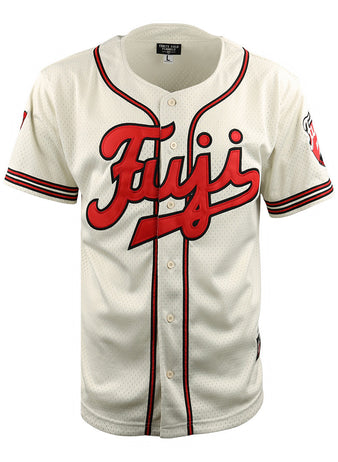 The EFF Fuji Athletic Club EFF DNA Replica Button-Up Mesh Jersey is a white jersey with red and black trim, Fuji in bold red script, the number 1 below, and a mountain logo patch on the left sleeve inspired by Japanese Baseball.