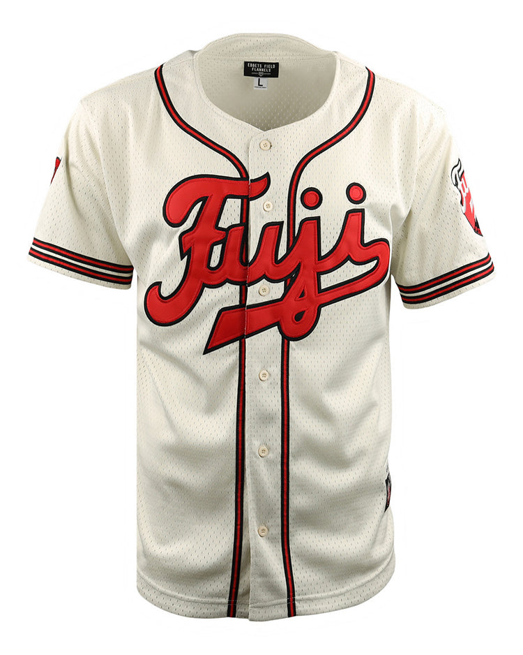 The EFF Fuji Athletic Club EFF DNA Replica Button-Up Mesh Jersey is a white jersey with red and black trim, Fuji in bold red script, the number 1 below, and a mountain logo patch on the left sleeve inspired by Japanese Baseball.