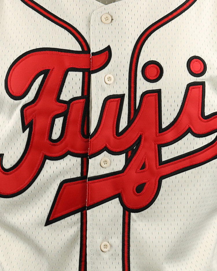 Close-up of the EFF Fuji Athletic Club EFF DNA Replica Button-Up Mesh Jersey, a white jersey with red and black “Fuji” lettering in bold cursive embroidery. Classic front buttons highlight its Japanese baseball-inspired design.