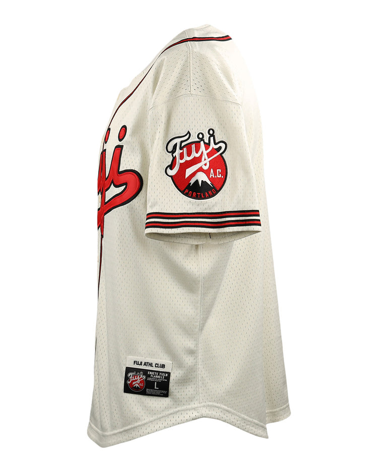 The EFF Fuji Athletic Club DNA Replica Button-Up Mesh Jersey features a cream color, red and black striped sleeves and collar, a Fujis A.C. legacy patch on the sleeve, and two rectangular tags near the bottom hem.