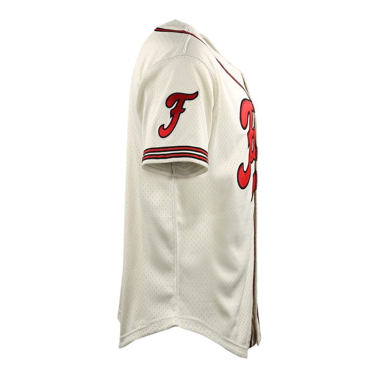 Side view of the EFF Fuji Athletic Club DNA Replica Button-Up Mesh Jersey in white with red and black trim, a red F on the sleeve honoring Frank Fukuda, and bold red chest lettering inspired by Japanese baseball style.