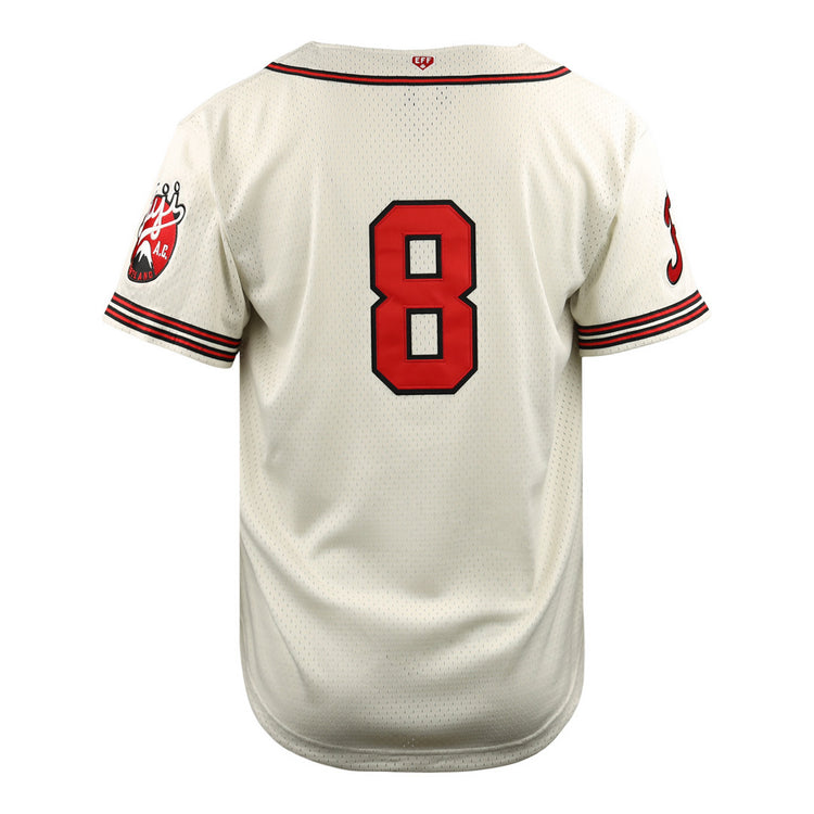 The EFF Fuji Athletic Club DNA Replica Button-Up Mesh Jersey is white with red and black trim, featuring a bold red number 8 on the back and a crown-and-paw patch on the sleeve honoring Japanese baseball icon Frank Fukuda.