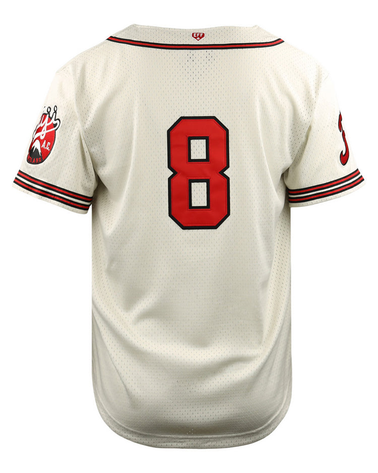 The EFF Fuji Athletic Club DNA Replica Button-Up Mesh Jersey is white with red and black trim, featuring a bold red number 8 on the back and a crown-and-paw patch on the sleeve honoring Japanese baseball icon Frank Fukuda.