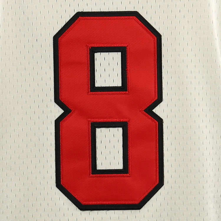 A large red number 8 with a black outline is stitched onto white mesh fabric, echoing the style of Japanese Baseball jerseys like the Fuji Athletic Club EFF DNA Replica Button-Up Mesh Jersey by EFF.