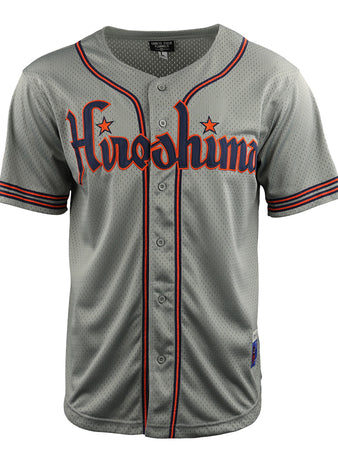 The EFF Hiroshima Carp EFF DNA Replica Button-Up Mesh Jersey features gray mesh, vintage-inspired design, red and black trim, Hiroshima script across the chest, two red stars above, and a tribute to Japan’s Central League.