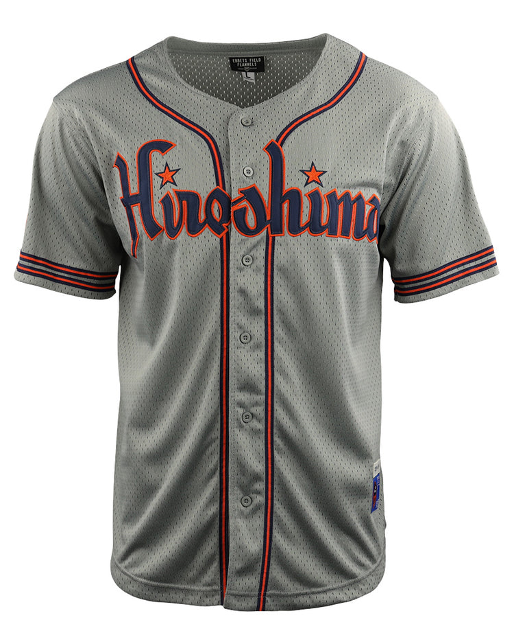 The EFF Hiroshima Carp EFF DNA Replica Button-Up Mesh Jersey features gray mesh, vintage-inspired design, red and black trim, Hiroshima script across the chest, two red stars above, and a tribute to Japan’s Central League.