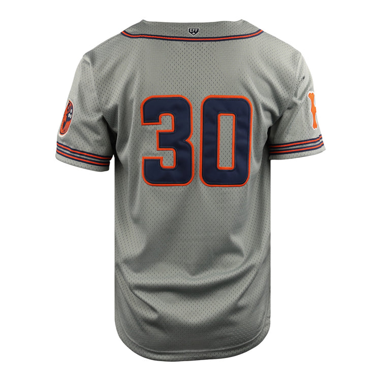 The EFF Hiroshima Carp DNA Replica Button-Up Mesh Jersey features a vintage-inspired gray mesh design, large blue and orange number 30 on the back, sleeve stripes in orange and blue, and patches on both arms.