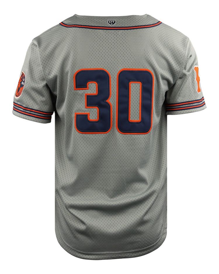 The EFF Hiroshima Carp DNA Replica Button-Up Mesh Jersey features a vintage-inspired gray mesh design, large blue and orange number 30 on the back, sleeve stripes in orange and blue, and patches on both arms.
