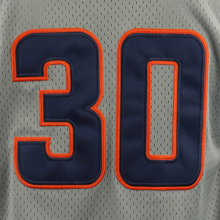 The image features the EFF Hiroshima Carp EFF DNA Replica Button-Up Mesh Jersey in gray, inspired by vintage styles, with large navy 30 digits outlined in orange. The perforated mesh fabric adds breathability.