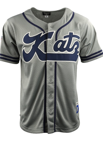 The EFF Kansas City Katz DNA Replica Button-Up Mesh Jersey features gray fabric with navy accents, Katz in large script on the front—a tribute to Katz Drugstore and the Ban Johnson Baseball League. It has front buttons and short sleeves.