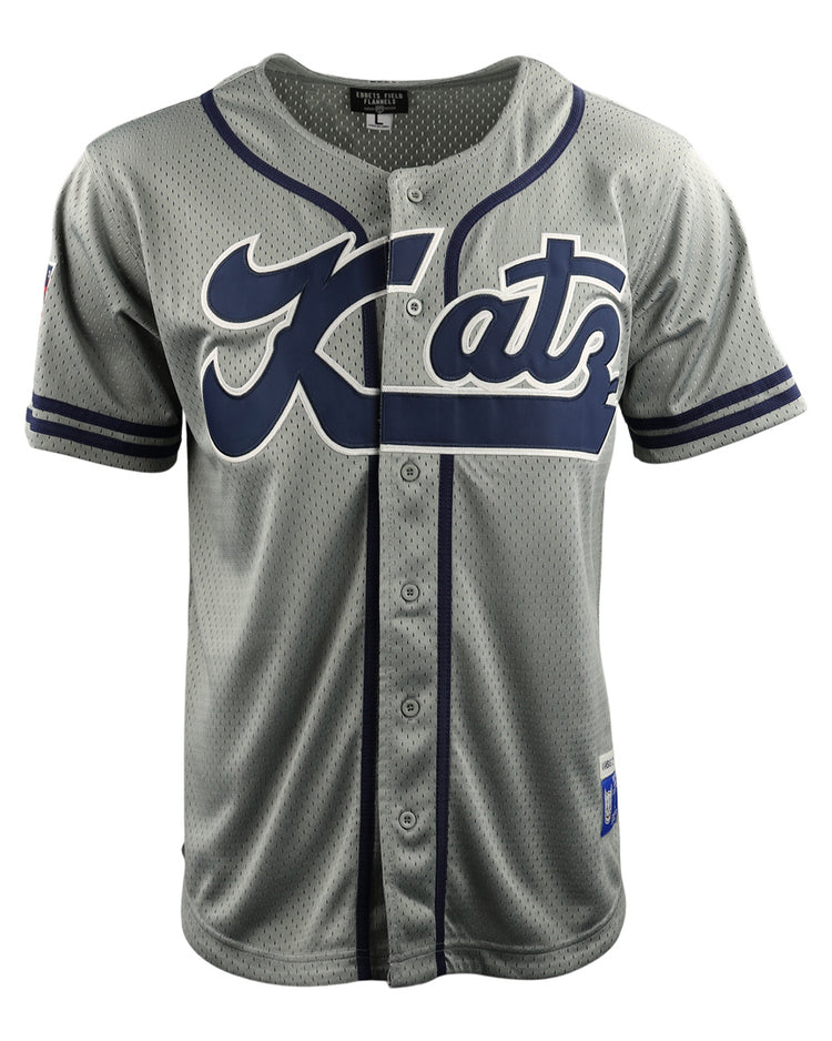 The EFF Kansas City Katz DNA Replica Button-Up Mesh Jersey features gray fabric with navy accents, Katz in large script on the front—a tribute to Katz Drugstore and the Ban Johnson Baseball League. It has front buttons and short sleeves.