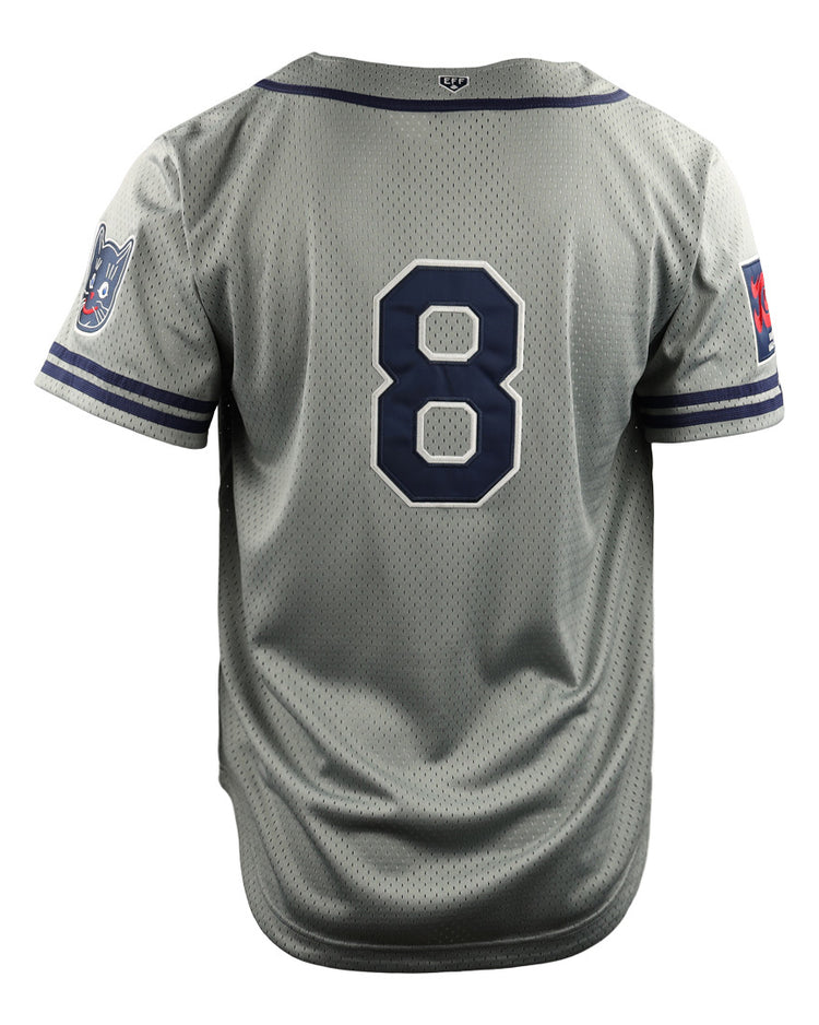 Show your Kansas City pride with the EFF Kansas City Katz DNA Replica Button-Up Mesh Jersey, featuring gray mesh, navy sleeve stripes, dark blue #8 on back, and authentic patches honoring the historic Ban Johnson Baseball League.