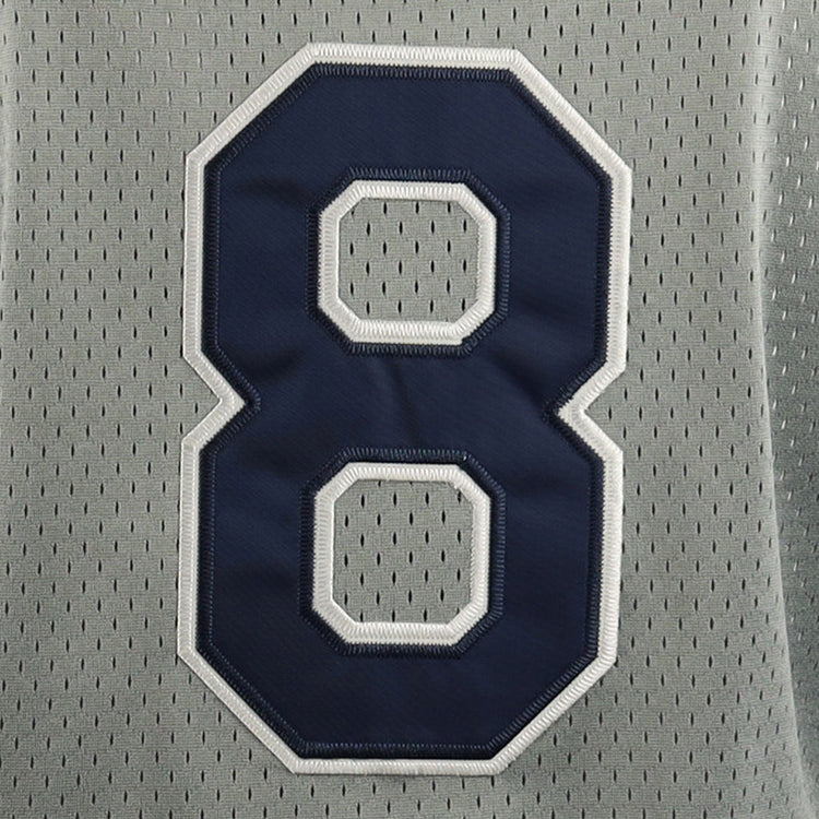 A large dark blue number 8 with white trim is stitched on the gray mesh of the Kansas City Katz EFF DNA Replica Button-Up Jersey by EFF, echoing classic Ban Johnson Baseball League uniforms.