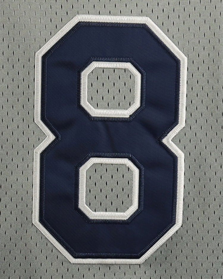 A large dark blue number 8 with white trim is stitched on the gray mesh of the Kansas City Katz EFF DNA Replica Button-Up Jersey by EFF, echoing classic Ban Johnson Baseball League uniforms.