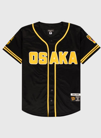 The EFF Osaka Tigers Mesh Button-Up Baseball Jersey features black mesh, yellow trim, bold OSAKA lettering on the front, center buttons, and a team patch—ideal for fans or Japanese baseball collectors.