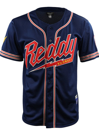 The Reddy Kilowatt EFF DNA Replica Button-Up Mesh Jersey by EFF features “Reddy Kilowatt” across the chest, with red, white, and yellow accents on navy blue mesh and striped sleeves—a tribute to the iconic electric power mascot.