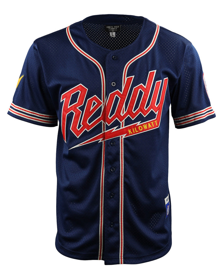 The Reddy Kilowatt EFF DNA Replica Button-Up Mesh Jersey by EFF features “Reddy Kilowatt” across the chest, with red, white, and yellow accents on navy blue mesh and striped sleeves—a tribute to the iconic electric power mascot.