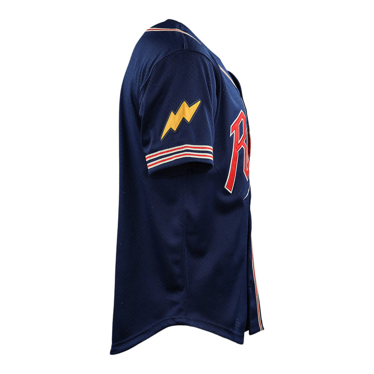 The EFF Reddy Kilowatt EFF DNA Replica Button-Up Mesh Jersey in navy blue is shown from the side, with a yellow lightning bolt patch on the sleeve symbolizing safe electricity and partial red lettering on the front.