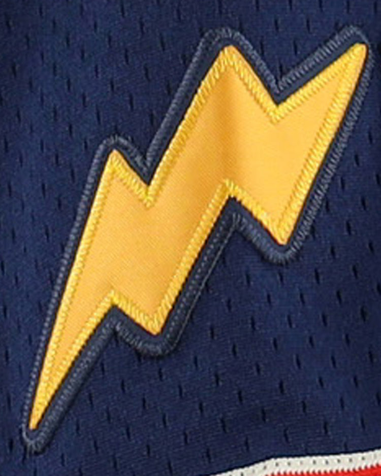 The Reddy Kilowatt EFF DNA Replica Button-Up Mesh Jersey by EFF features a yellow lightning bolt patch, outlined in blue and stitched onto dark blue perforated fabric, evoking the iconic electric power mascot.