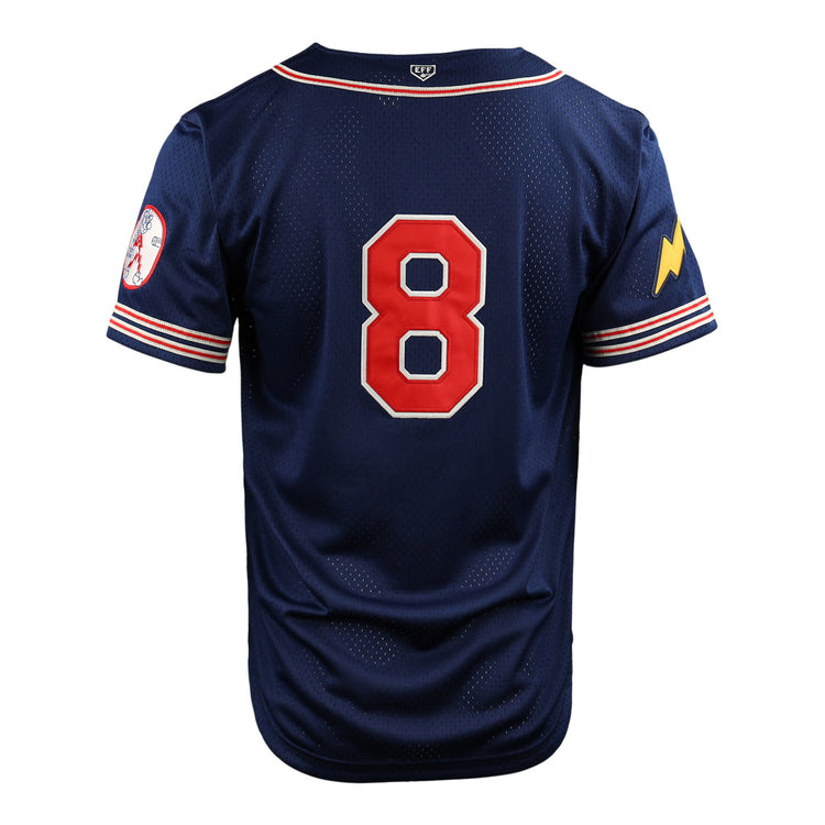 The EFF Reddy Kilowatt EFF DNA Replica Button-Up Mesh Jersey in navy blue features a large red and white number 8 on the back, red and white sleeve stripes, a round left patch, and a yellow lightning bolt on the right sleeve.