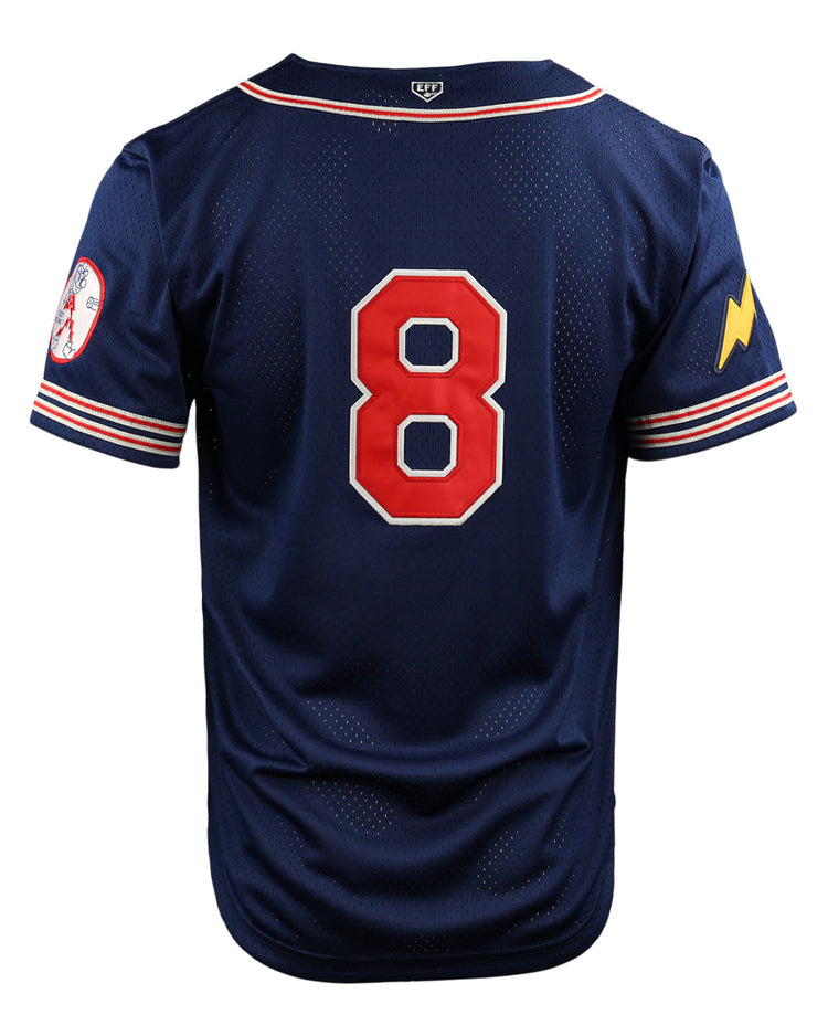 The EFF Reddy Kilowatt EFF DNA Replica Button-Up Mesh Jersey in navy blue features a large red and white number 8 on the back, red and white sleeve stripes, a round left patch, and a yellow lightning bolt on the right sleeve.