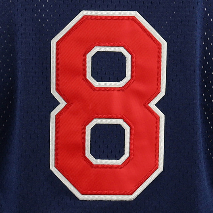 The EFF Reddy Kilowatt EFF DNA Replica Button-Up Mesh Jersey features a bold red number 8 with a white outline, inspired by Reddy Kilowatt, standing out on dark blue mesh for an electrifying tribute to safe electricity.