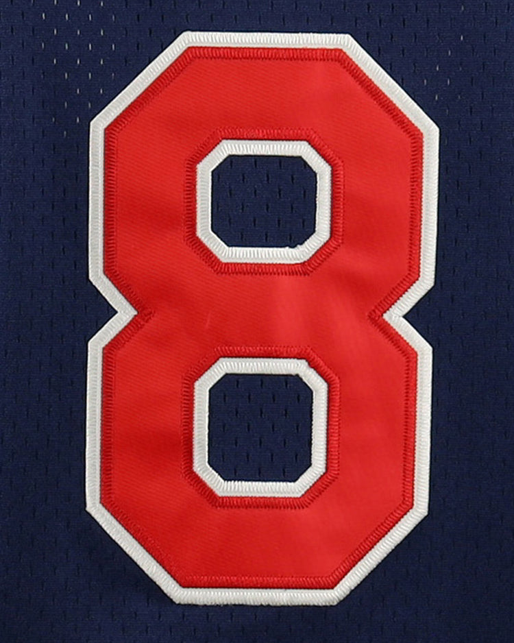 The EFF Reddy Kilowatt EFF DNA Replica Button-Up Mesh Jersey features a bold red number 8 with a white outline, inspired by Reddy Kilowatt, standing out on dark blue mesh for an electrifying tribute to safe electricity.