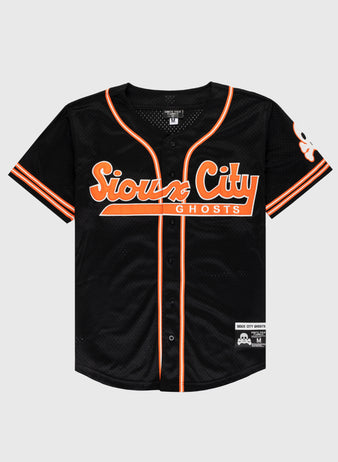 The EFF Sioux City Ghosts Mesh Button-Up Jersey features black fabric with orange and white trim, Sioux City Ghosts across the chest, a ghost patch on the left sleeve, and size medium label—honoring the legendary barnstorming softball team.