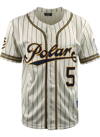 The EFF Cerveceria Polar DNA Replica Button-Up Mesh Jersey is a white, short-sleeve jersey with black pinstripes, Polar script on the chest, number 5 on the lower front, and gold/black trim on the sleeves and collar.