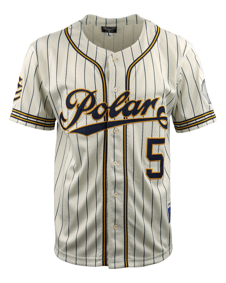 The EFF Cerveceria Polar DNA Replica Button-Up Mesh Jersey is a white, short-sleeve jersey with black pinstripes, Polar script on the chest, number 5 on the lower front, and gold/black trim on the sleeves and collar.