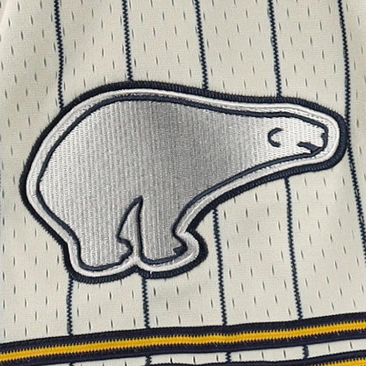 A silver and white embroidered polar bear patch, inspired by Cerveceria Polar, is sewn onto the cream pinstriped mesh fabric of the EFF DNA Replica Button-Up Jersey.