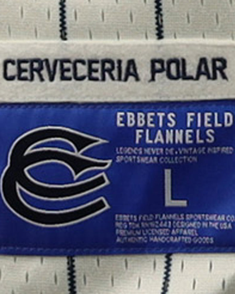A close-up of a clothing label shows CERVECERIA POLAR, referencing Polar beer. Below, a blue EFF patch appears with the logo, size L, and details about the Cerveceria Polar EFF DNA Replica Button-Up Mesh Jersey.