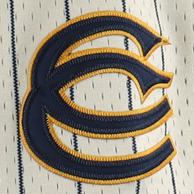 The EFF Cerveceria Polar EFF DNA Replica Button-Up Mesh Jersey features a navy blue letter C outlined in gold, representing the Cuban League, embroidered on white mesh with vertical navy blue pinstripes and perforations.
