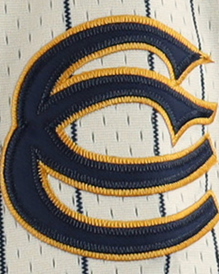 The EFF Cerveceria Polar EFF DNA Replica Button-Up Mesh Jersey features a navy blue letter C outlined in gold, representing the Cuban League, embroidered on white mesh with vertical navy blue pinstripes and perforations.