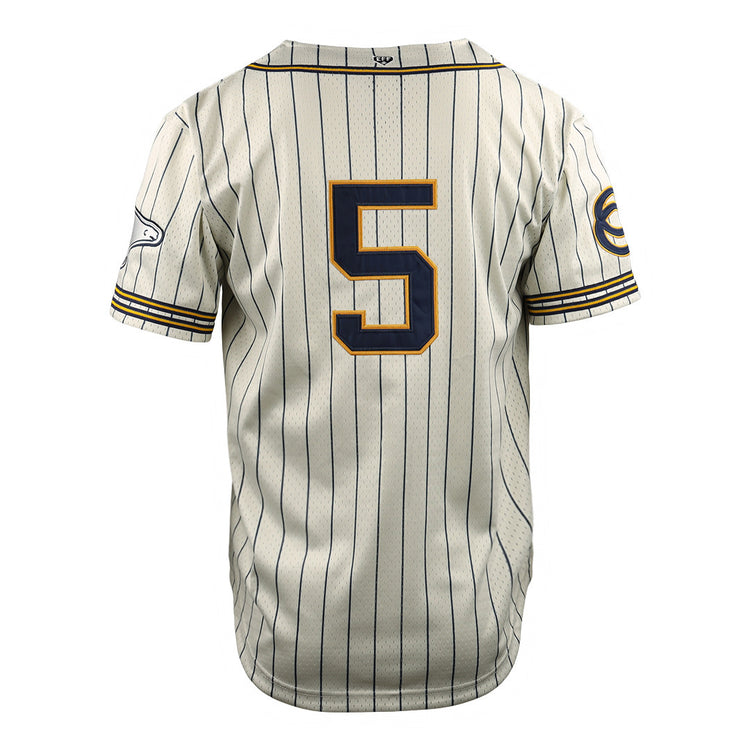 The EFF Cerveceria Polar DNA Replica Button-Up Mesh Jersey features white mesh with thin navy stripes, yellow sleeve trim, and a bold navy 5 outlined in yellow on the back, inspired by classic Cuban League baseball style.