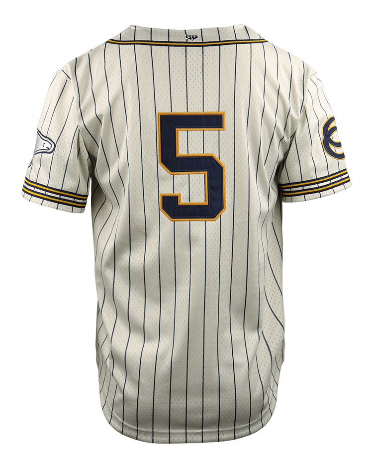 The EFF Cerveceria Polar DNA Replica Button-Up Mesh Jersey features white mesh with thin navy stripes, yellow sleeve trim, and a bold navy 5 outlined in yellow on the back, inspired by classic Cuban League baseball style.