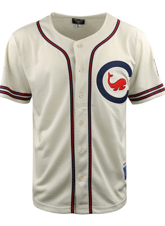 The EFF Chicago Whales DNA Replica Button-Up Mesh Jersey features a cream base with navy and red trim, a large circular left-chest logo with a red bear, striped cuffs, and buttons for classic Wrigley Field style.